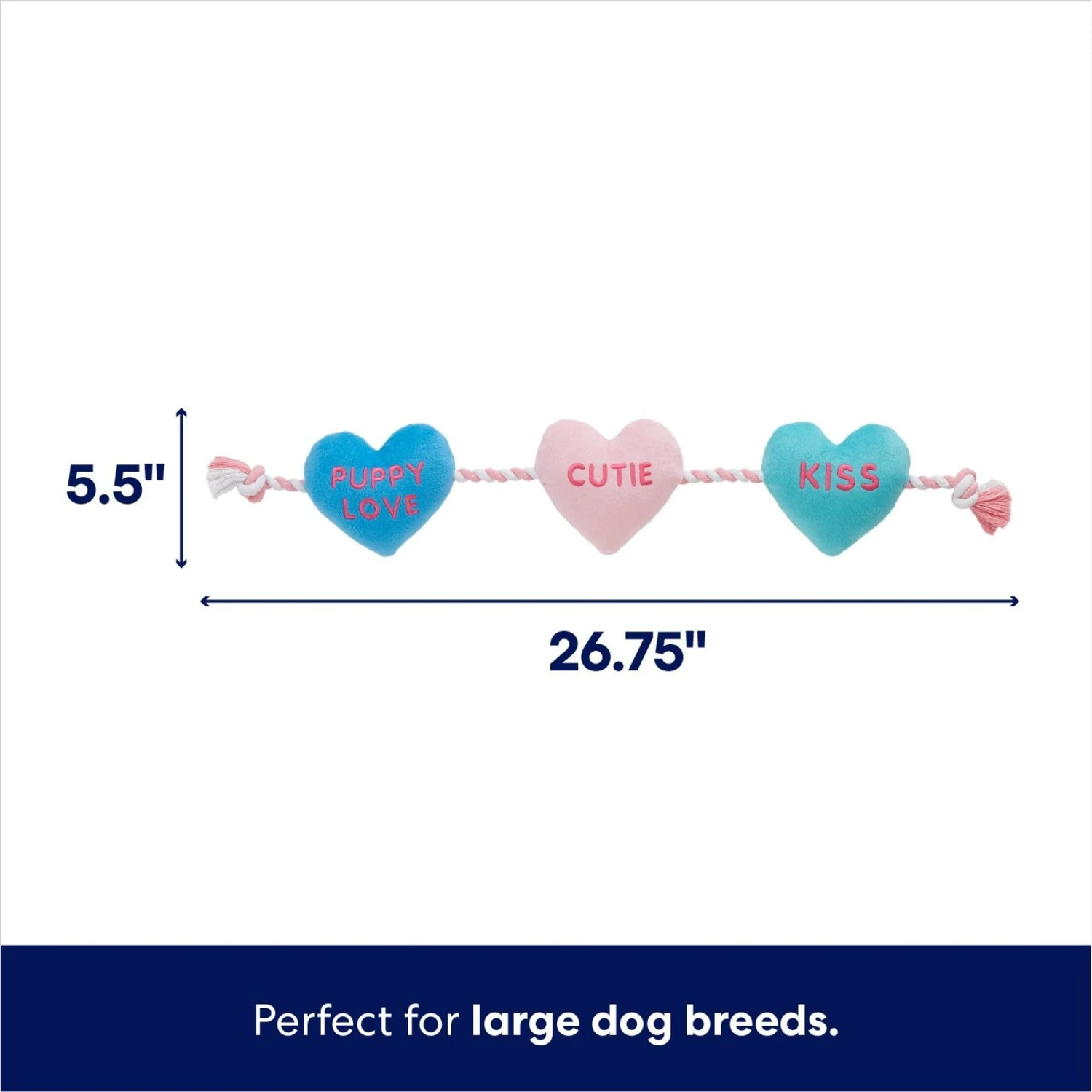 Frisco Valentine Candy Hearts Plush With Rope Squeaky Dog Toy 4 Frisco Valentine Candy Hearts Plush With Rope Squeaky Dog Toy - Image 2